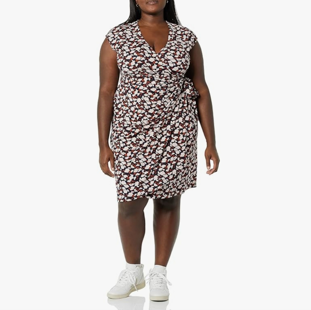 AMAZON ESSENTIALS | Women's Multicolor Floral Cap Sleeve Wrap Midi Dress